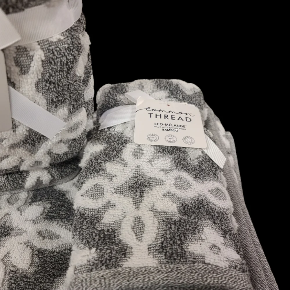 6pc Common Thread Plush Bath Hand Tip Towel Set Gray White Damask Zero Twist New